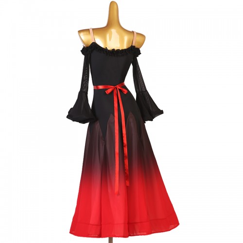 Black and red gradient colored ballroom dancing dresses for women girls long sleeves dew shoulder competition standard waltz tango flamenco dance long gown